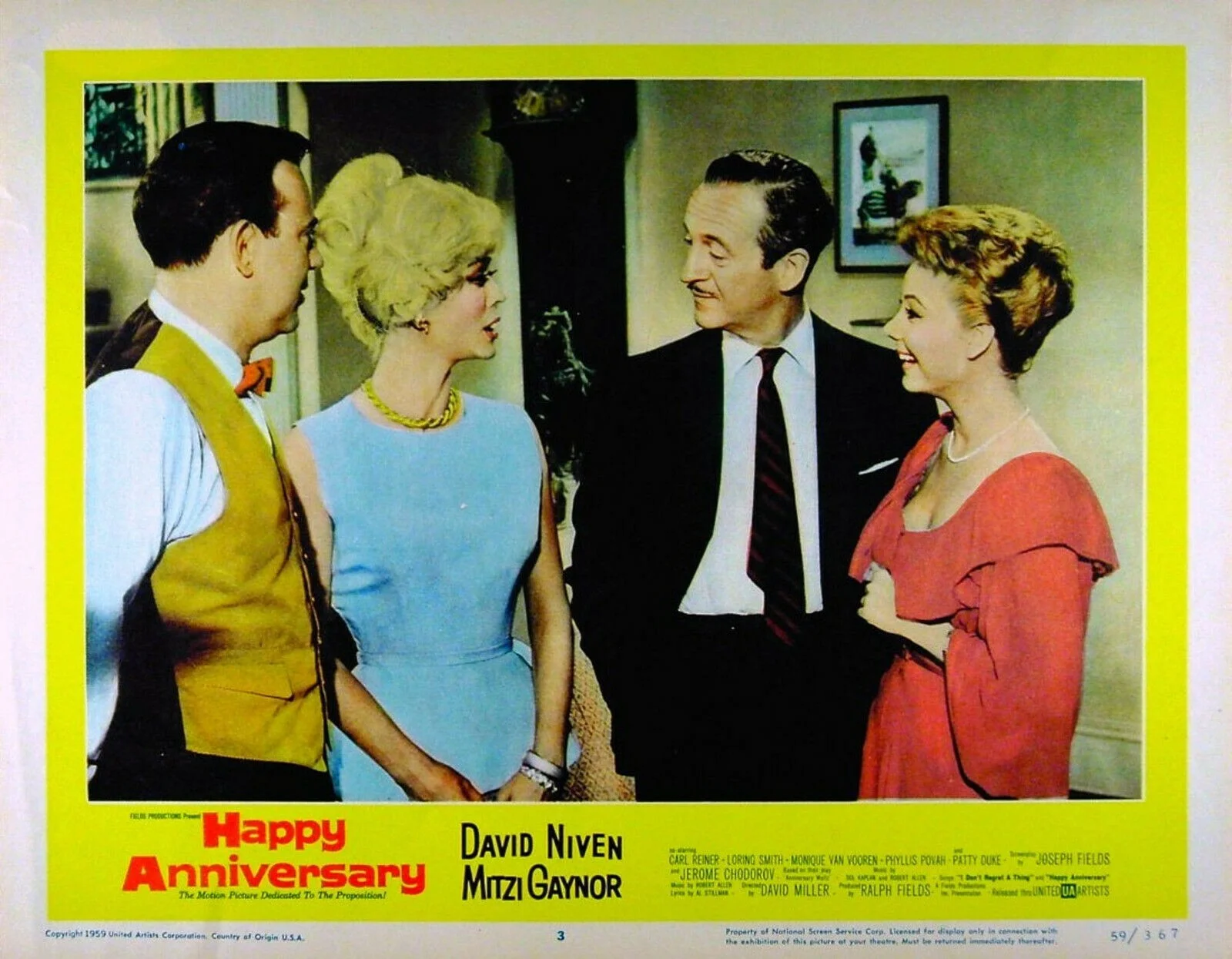 HAPPY ANNIVERSARY 1959 David Niven, Mitzi Gaynor, Carl Reiner 3 U.S. LOBBY CARDS, изображение 3