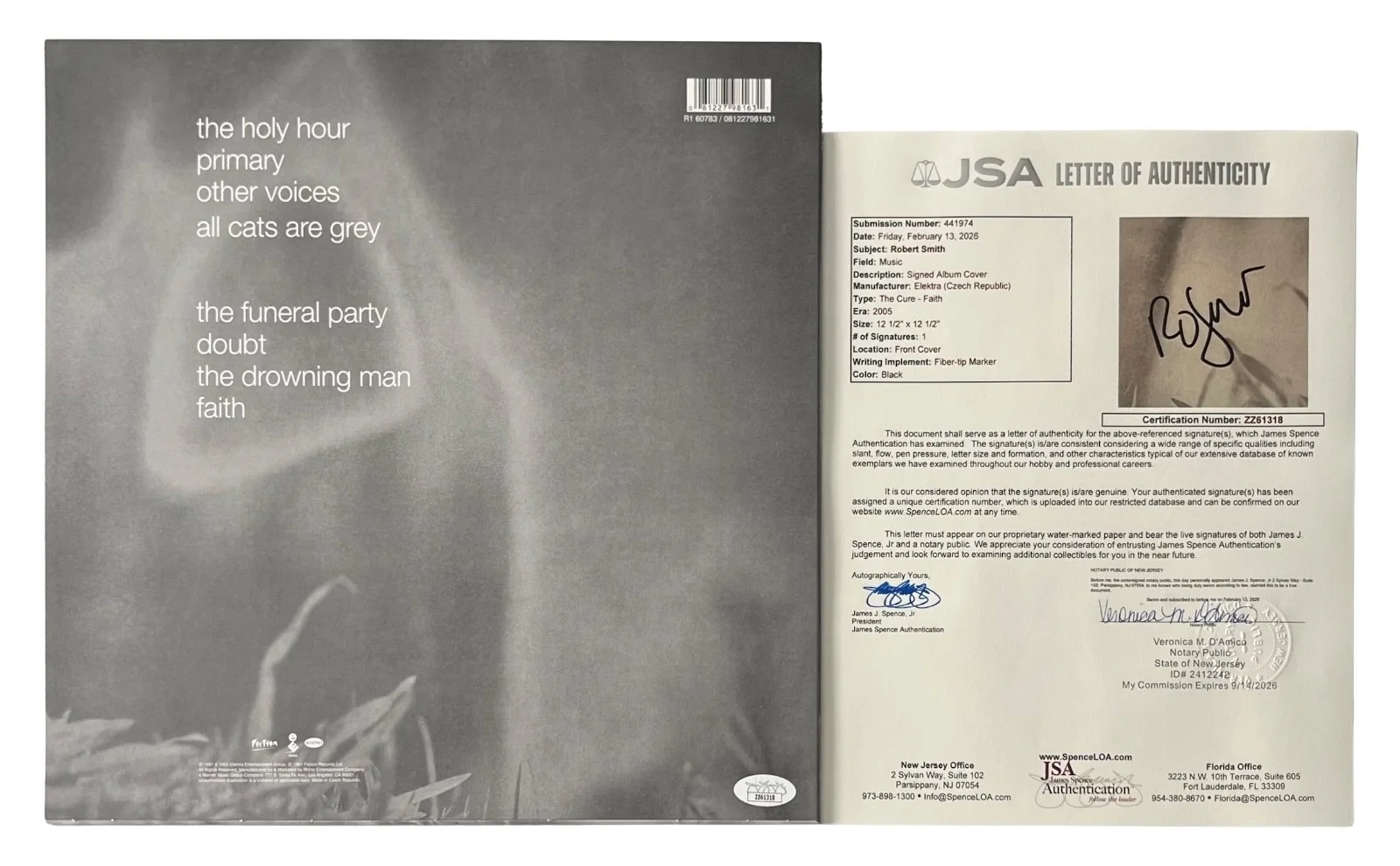 Robert Smith Signed The Cure Faith Vinyl Record JSA LOA ZZ61318, изображение 2