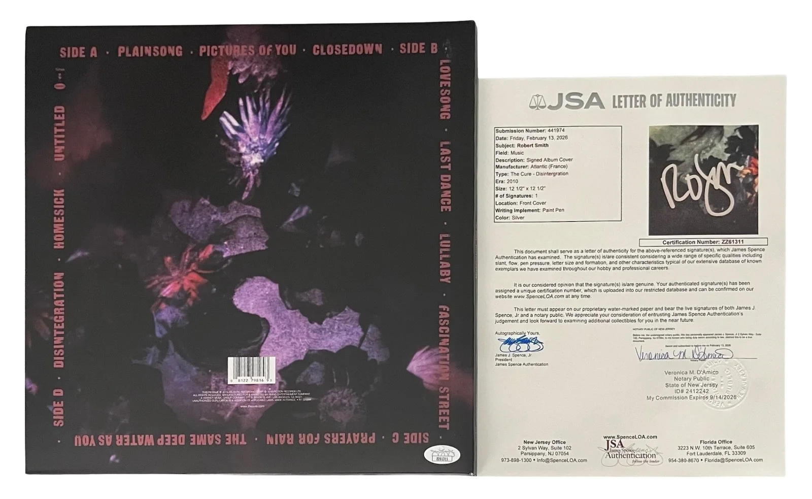 Robert Smith Signed The Cure Disintegration Vinyl Record JSA LOA ZZ61311, image 2