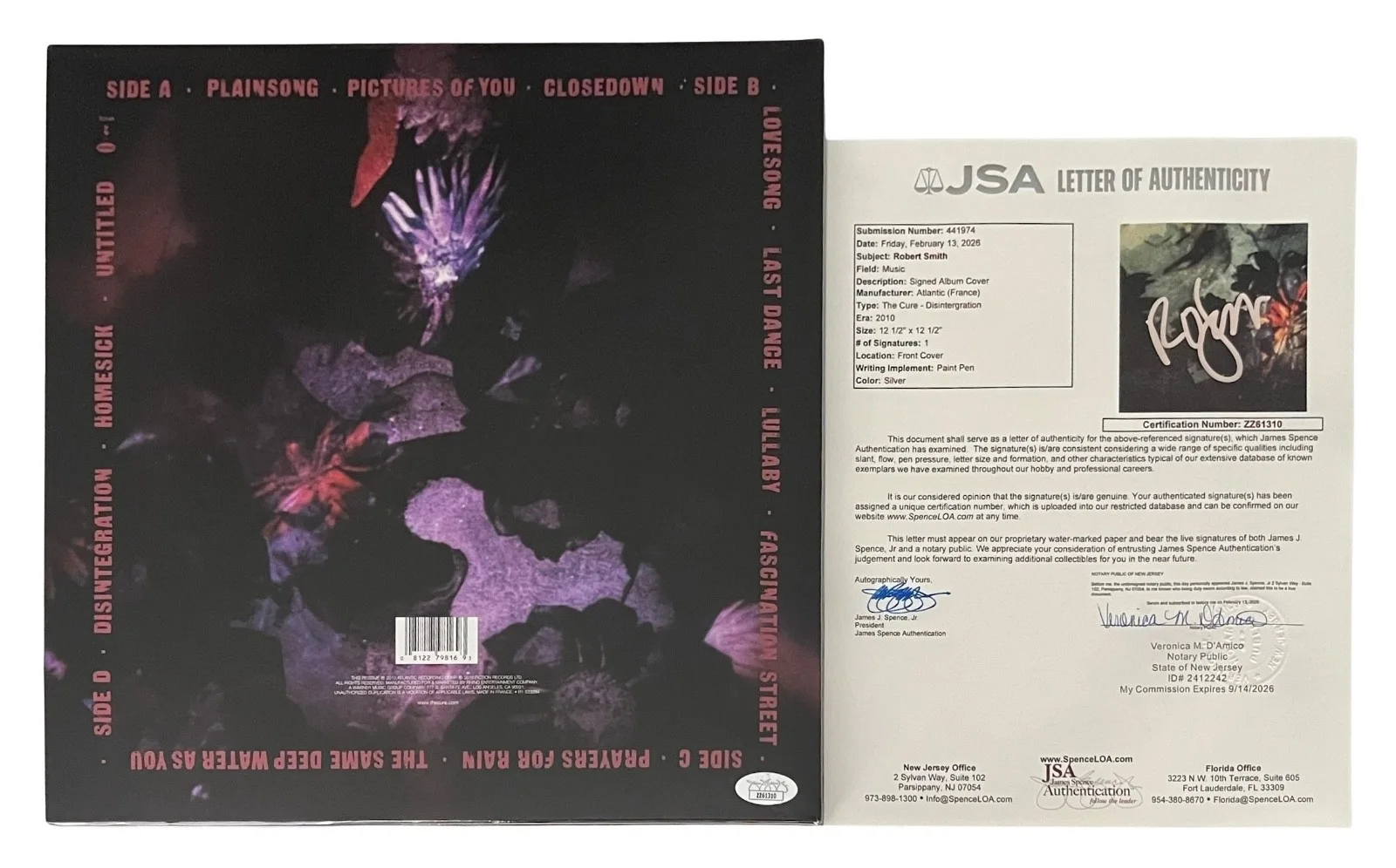 Robert Smith Signed The Cure Disintegration Vinyl Record JSA LOA ZZ61310, image 2