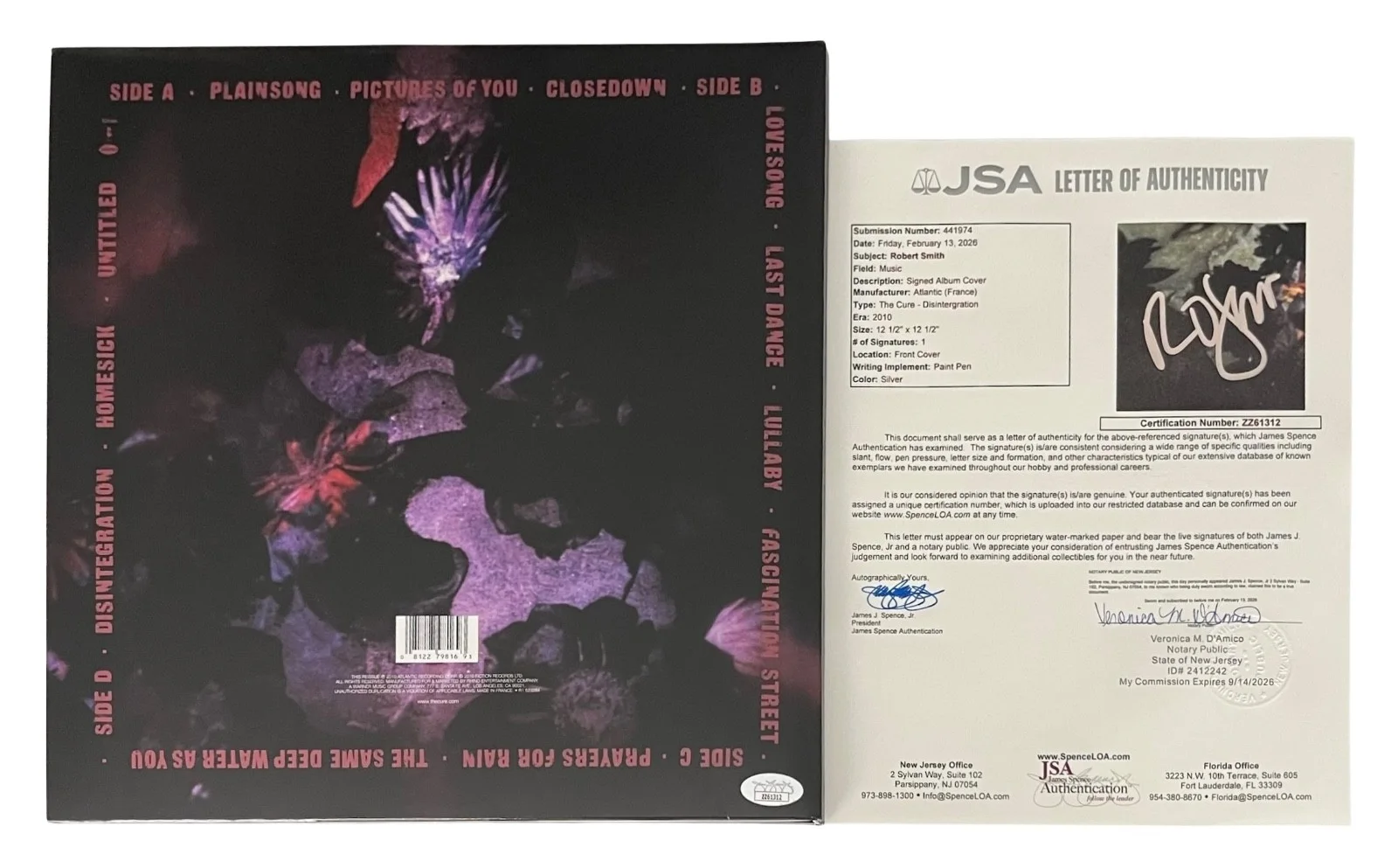 Robert Smith Signed The Cure Disintegration Vinyl Record JSA LOA ZZ61312, image 2