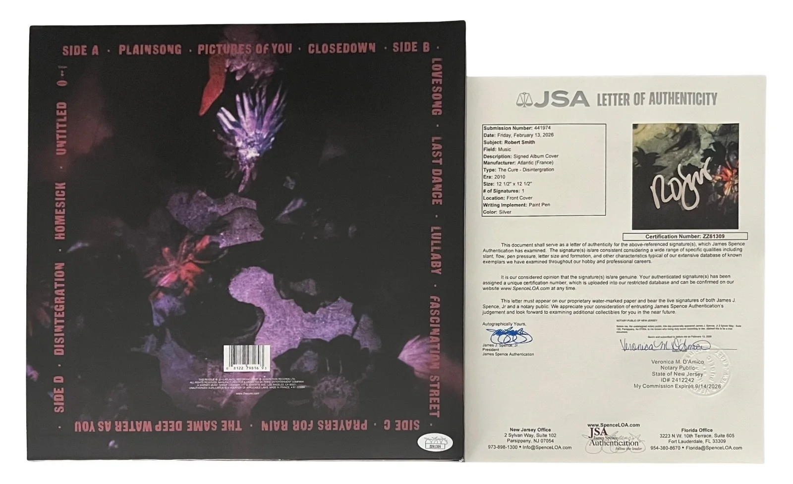 Robert Smith Signed The Cure Disintegration Vinyl Record JSA LOA ZZ61309, image 2