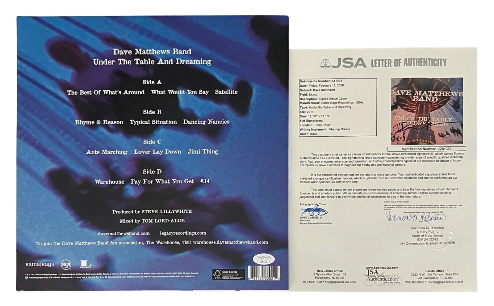 Dave Matthews Signed Under The Table And Dreaming Vinyl Record JSA LOA ZZ61330, изображение 2
