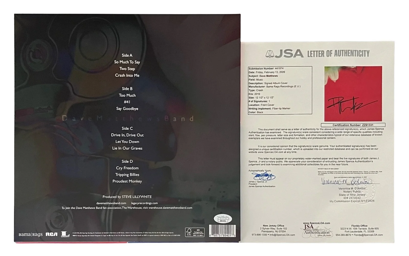 Dave Matthews Signed Crash Vinyl Record JSA LOA ZZ61331, image 2