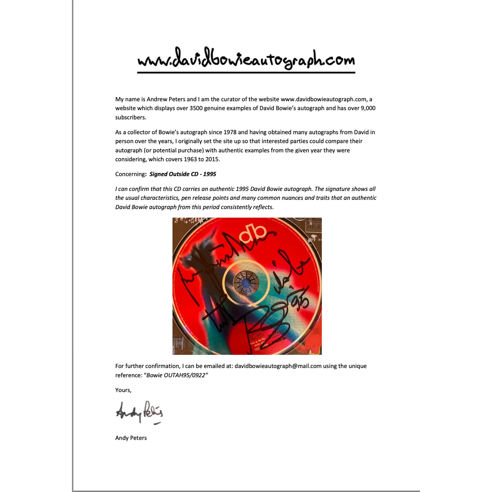 David Bowie 1. Outside CD 1995 BMG Signed On CD with Letter Of Authentication, image 2