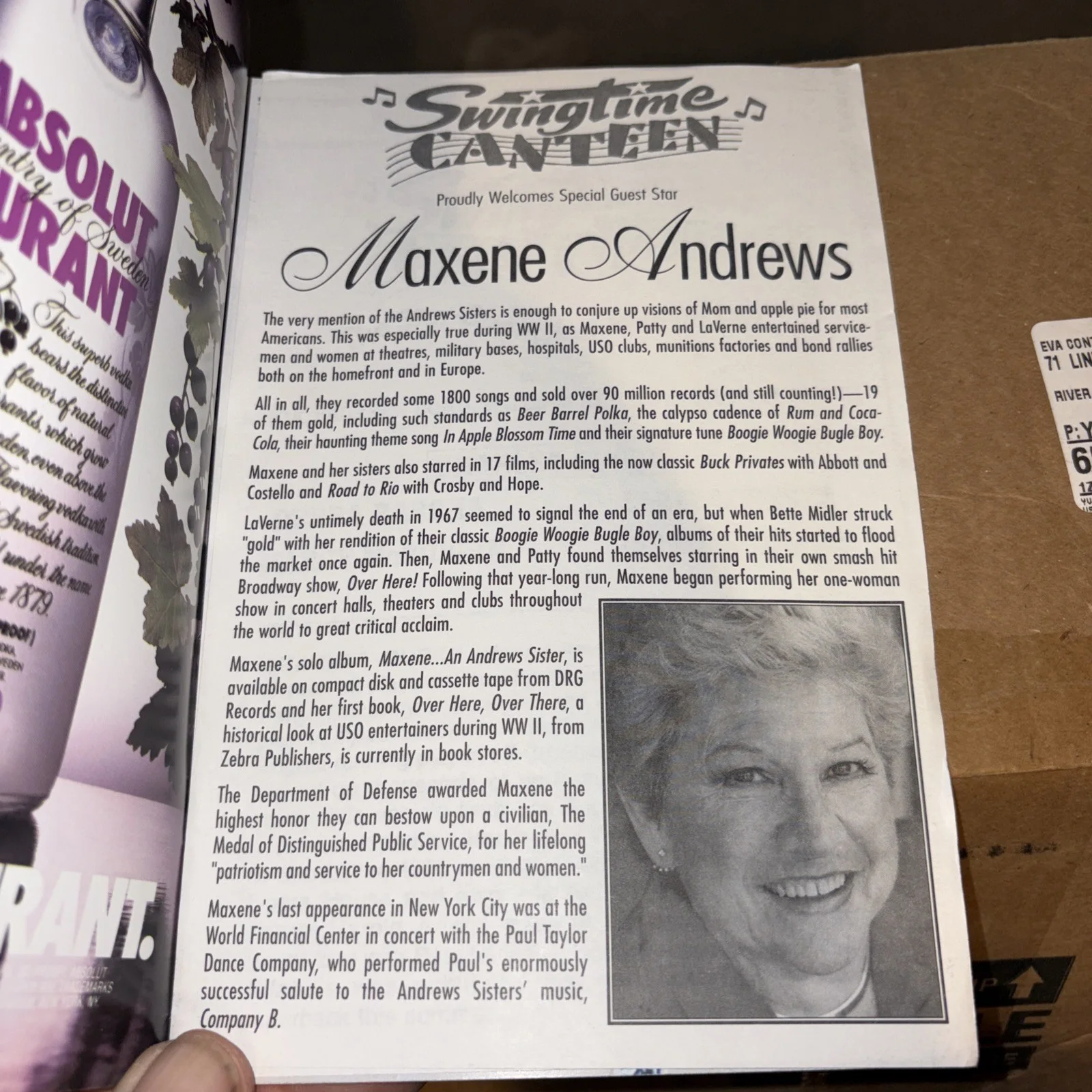 Maxine Andrews Autograph Swingtime Canteen Autographed Playbill Encore, image 3
