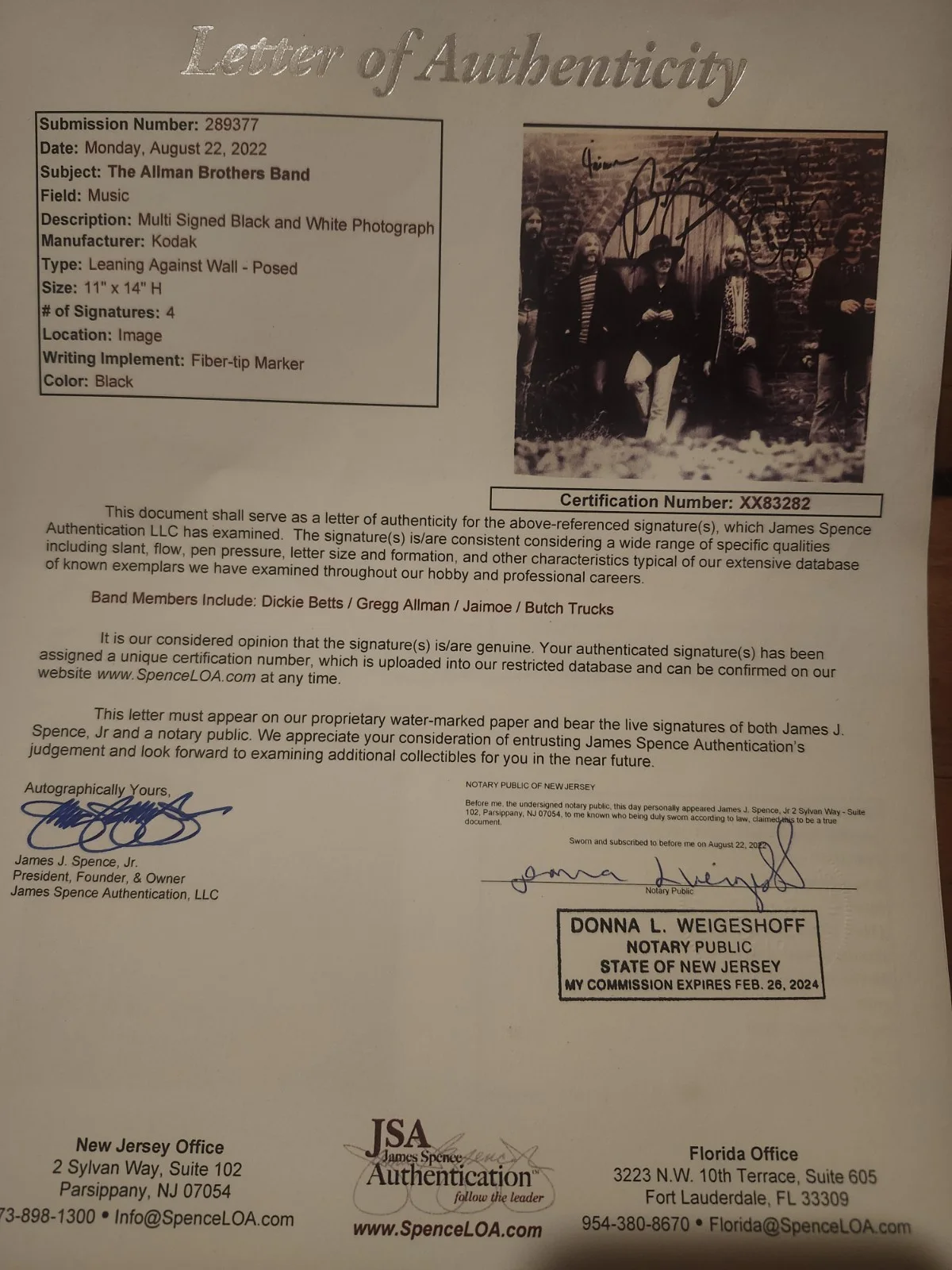 Allman Brothers Signed Photo. JSA. Greg Allman, Dickey Betts, Butch, Jaimoe, image 3