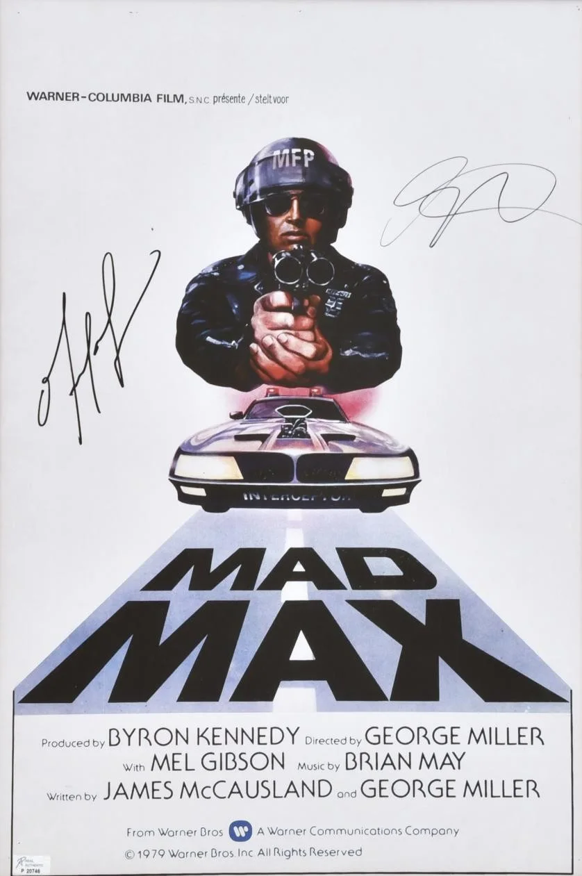 Mel Gibson, George Miller — Mad Max 1979 Poster Signed Mel Gibson & George Miller COA Framed Richard Amsel, image 2