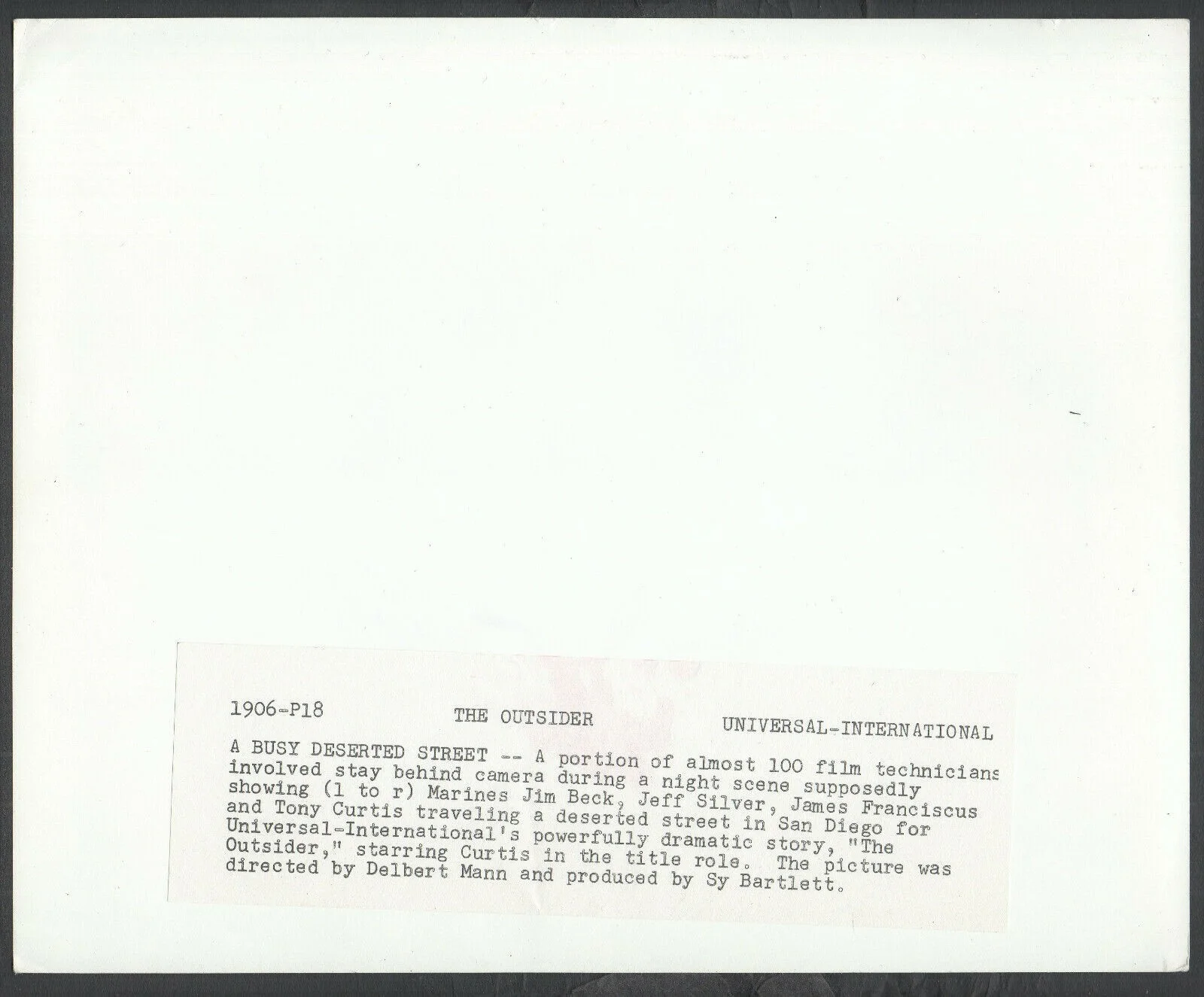 OUTSIDER 1961 Tony Curtis DELBERT MANN Night Shoot SAN DIEGO 10x8 STILL, изображение 2