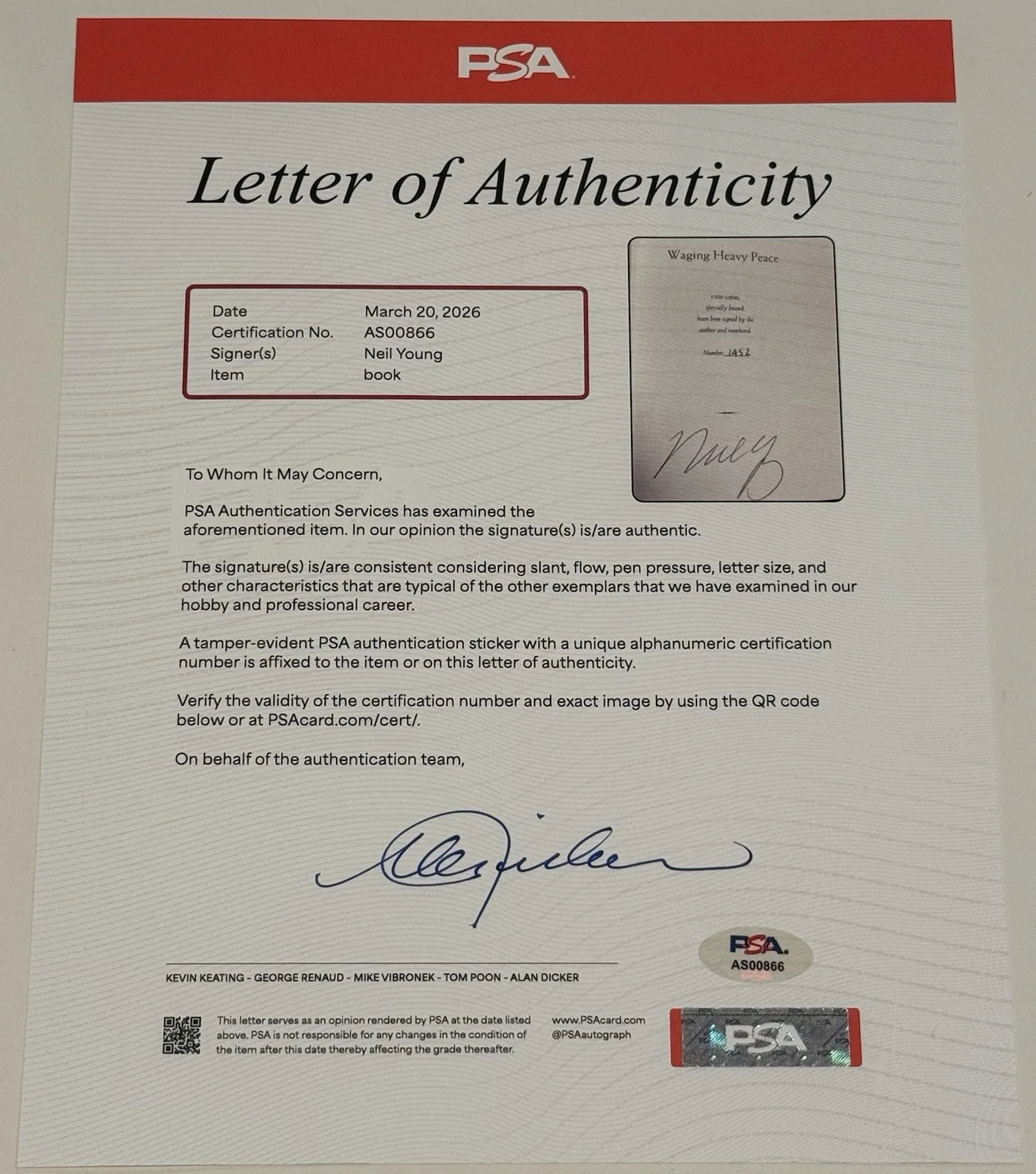 Neil Young Signed Waging Heavy Peace Limited Edition Book PSA Authentic /1500, image 4