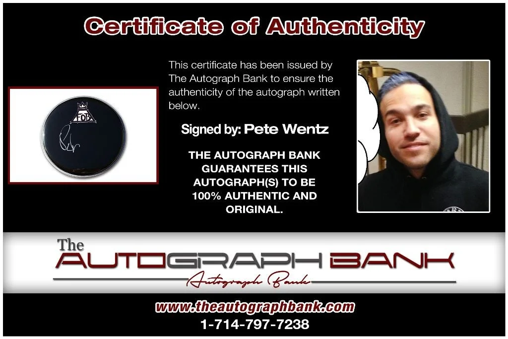 Pete Wentz — Pete Wentz Fall Out Boy authentic signed Drumhead W/Cert Autographed 210DHa, image 2