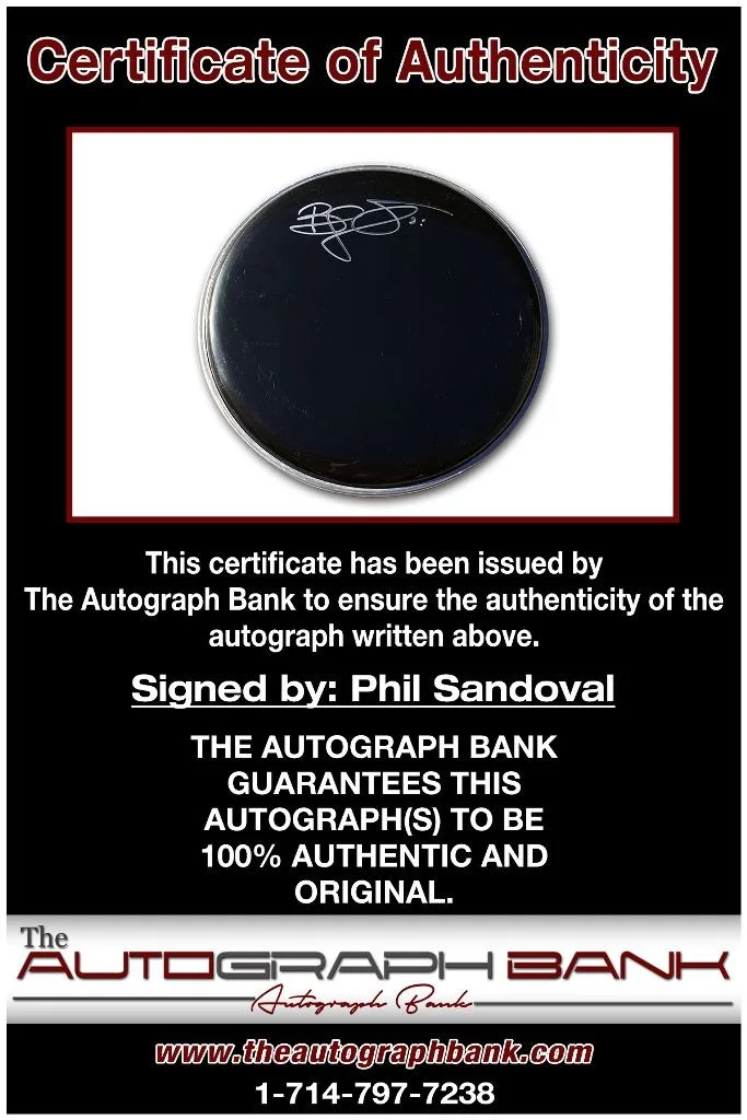 Phil Sandoval — Phil Sandoval Anthrax authentic signed Drumhead W/Cert Autographed DH210a, image 2