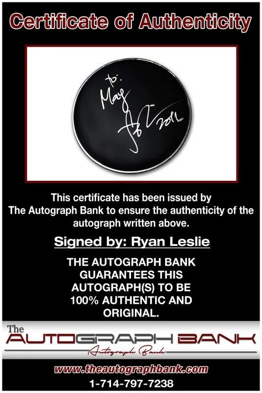 Ryan Leslie — Ryan Leslie authentic signed rap drumhead W/Certificate Autographed (A0006), image 2
