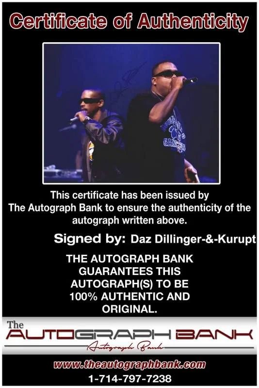 Daz Dillinger, Kurupt — Death Row Daz Dillinger & Kurupt signed rap 8x10 photo W/Cert Autograph (A0199), image 2
