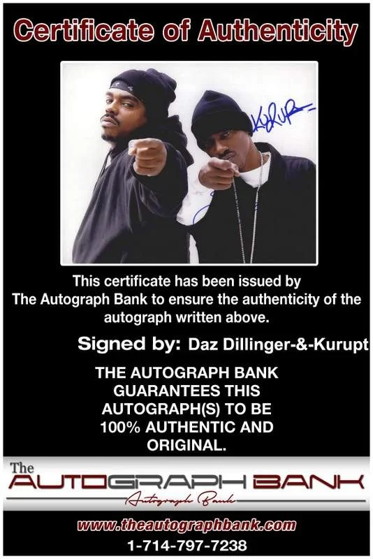 Daz Dillinger, Kurupt — Death Row Daz Dillinger & Kurupt signed rap 8x10 photo W/Cert Autograph (A0207), image 2