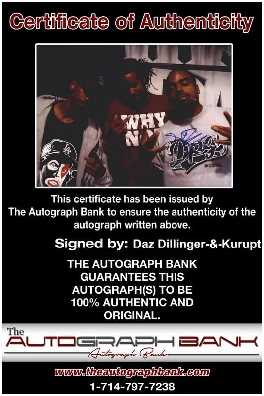 Daz Dillinger, Kurupt — Death Row Daz Dillinger & Kurupt signed rap 8x10 photo W/Cert Autograph (A0201), image 2