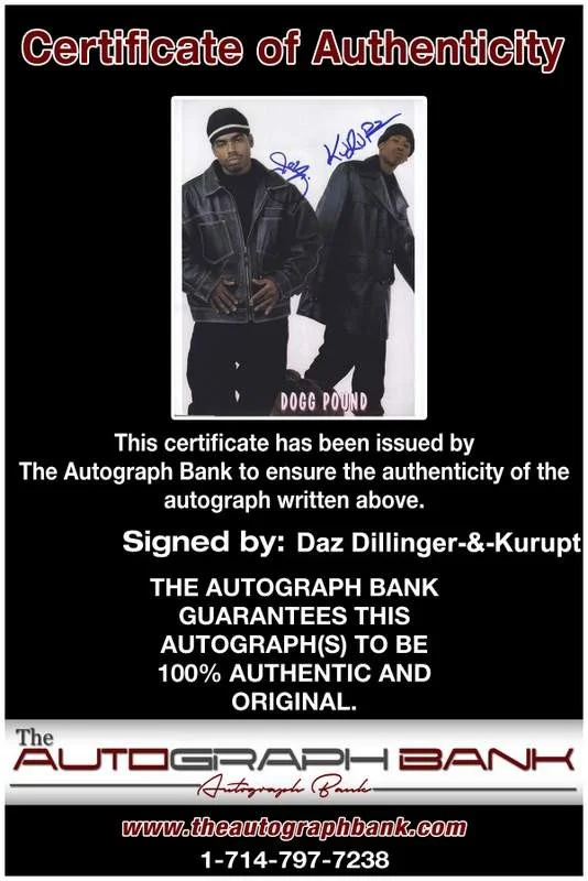 Daz Dillinger, Kurupt — Death Row Daz Dillinger & Kurupt signed rap 8x10 photo W/Cert Autograph (A0206), image 2