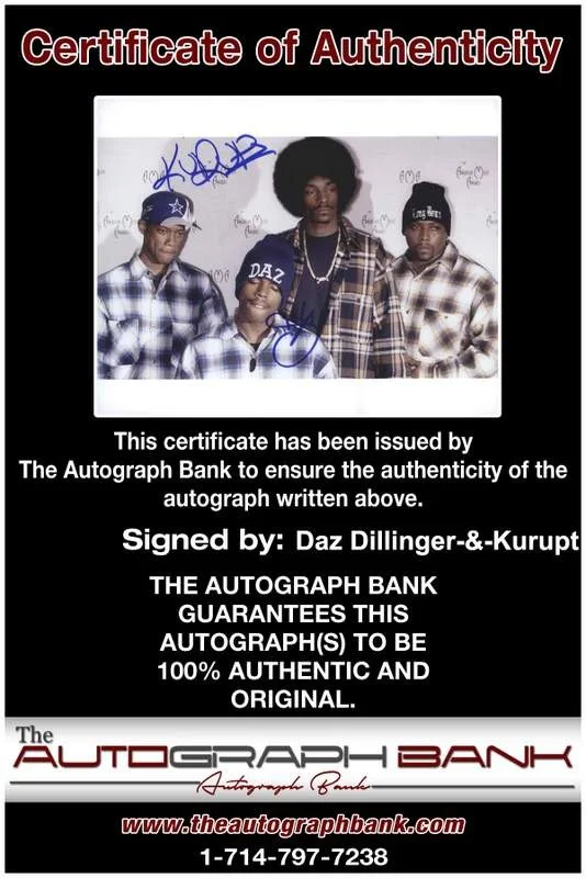 Daz Dillinger, Kurupt — Death Row Daz Dillinger & Kurupt signed rap 8x10 photo W/Cert Autograph (A0205), image 2
