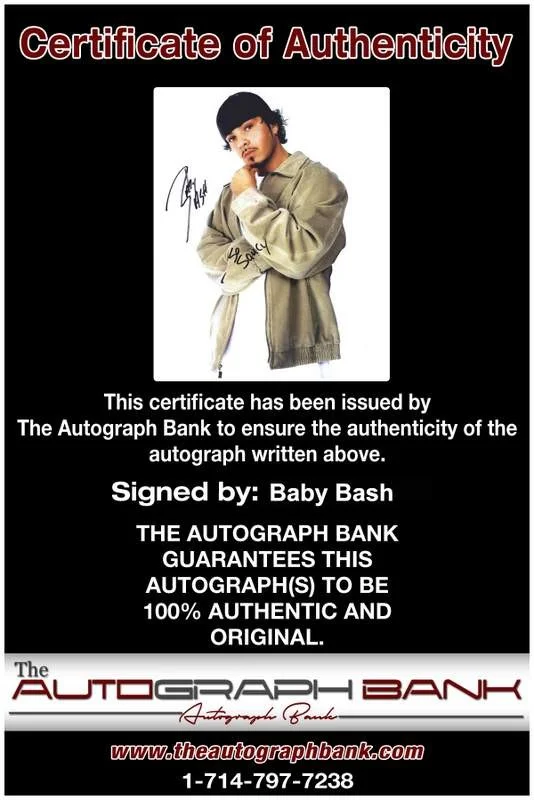 Baby Bash — Baby Bash authentic signed rap 8x10 photo W/Certificate Autographed (A0037), image 2