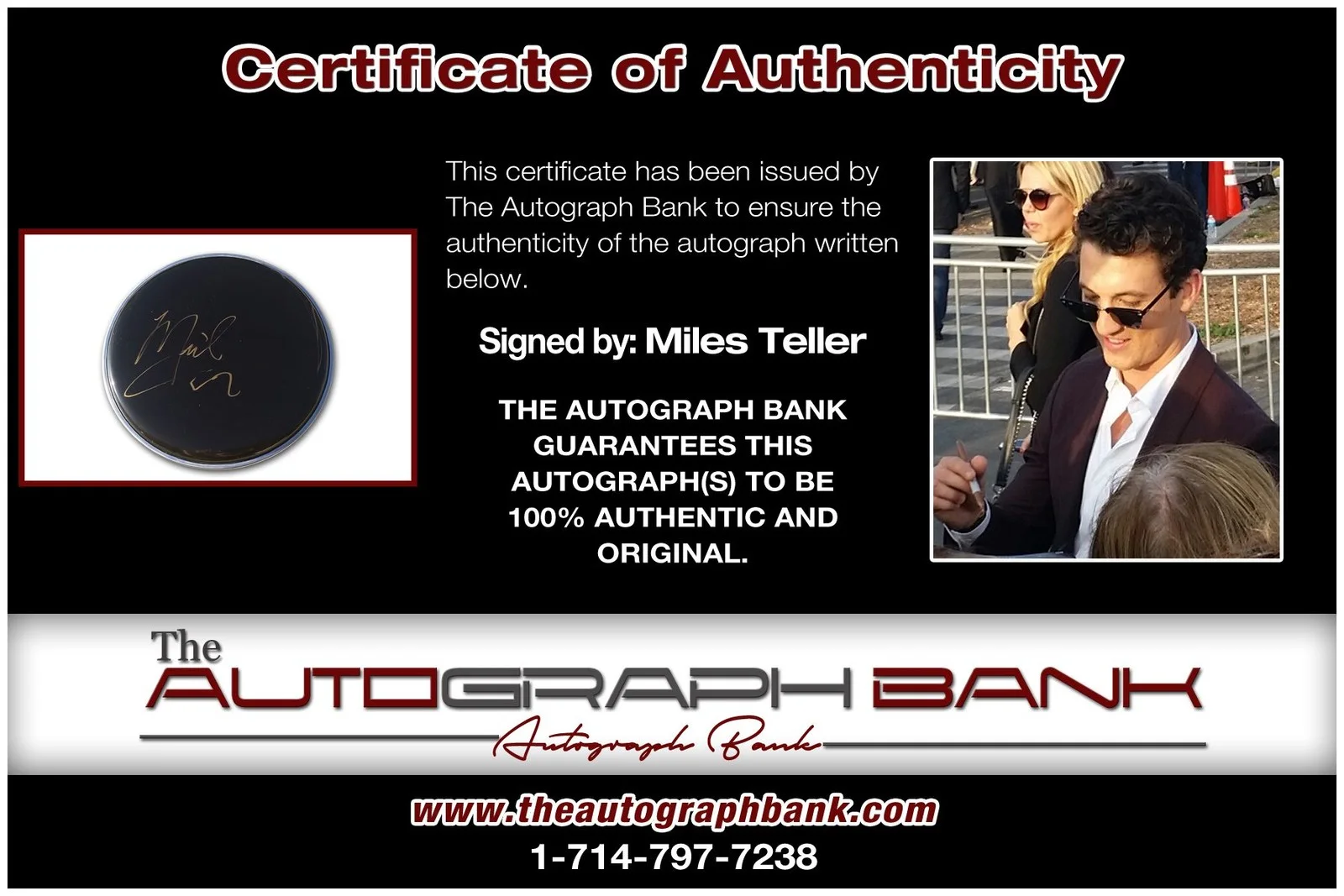 Miles Teller — Miles Teller authentic signed celebrity Drum Head W/Cert Autographed A2, image 2