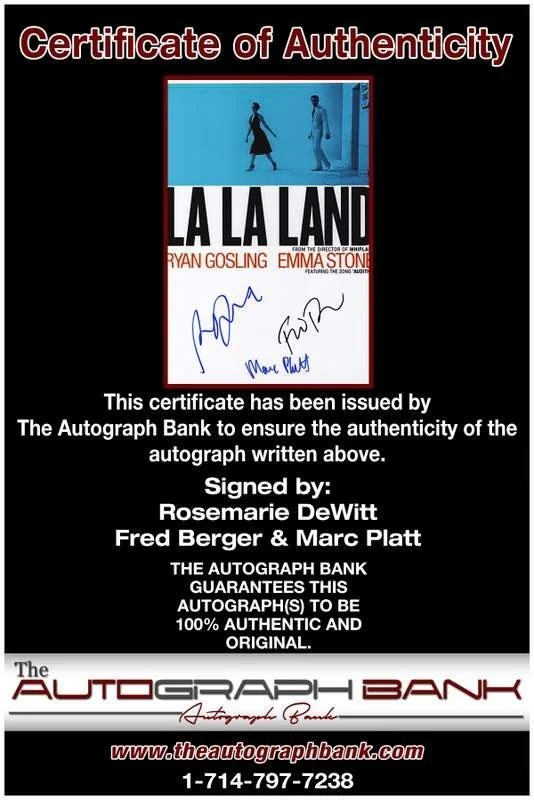 Rosemarie DeWitt, Fred Berger, Marc Platt — Rosemarie DeWitt, Fred Berger & Marc Platt signed 10x15 photo |CERT A0002, image 2
