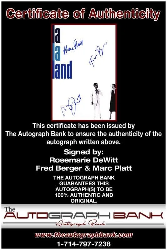 Rosemarie DeWitt, Fred Berger, Marc Platt — Rosemarie DeWitt, Fred Berger & Marc Platt signed 10x15 photo |CERT A0001, image 2