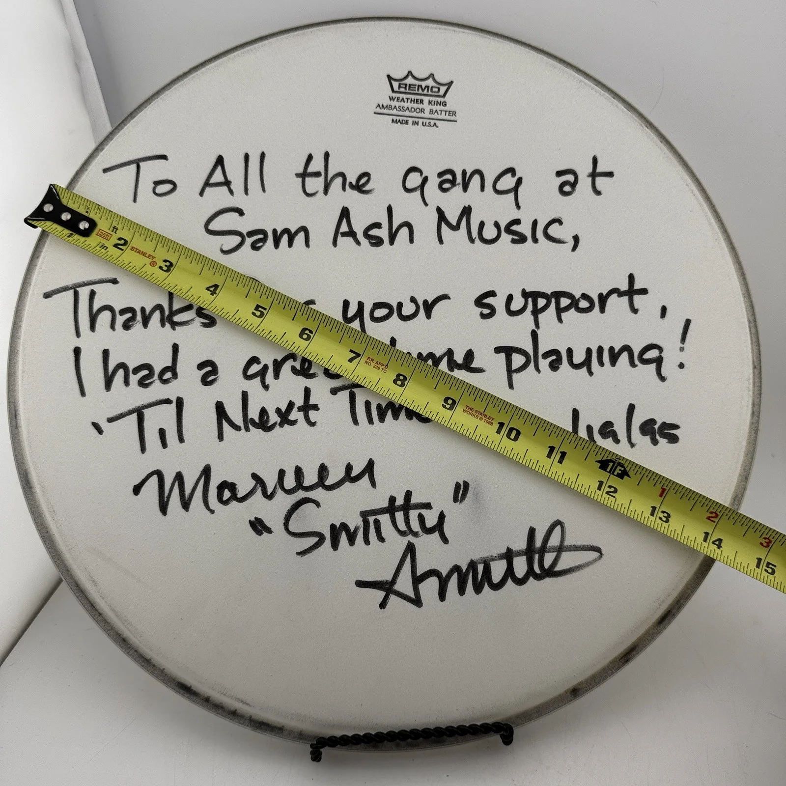 Marvyn “Smitty” Arnette Signed Drumhead – Remo Ambassador – Sam Ash Music 1995, image 3