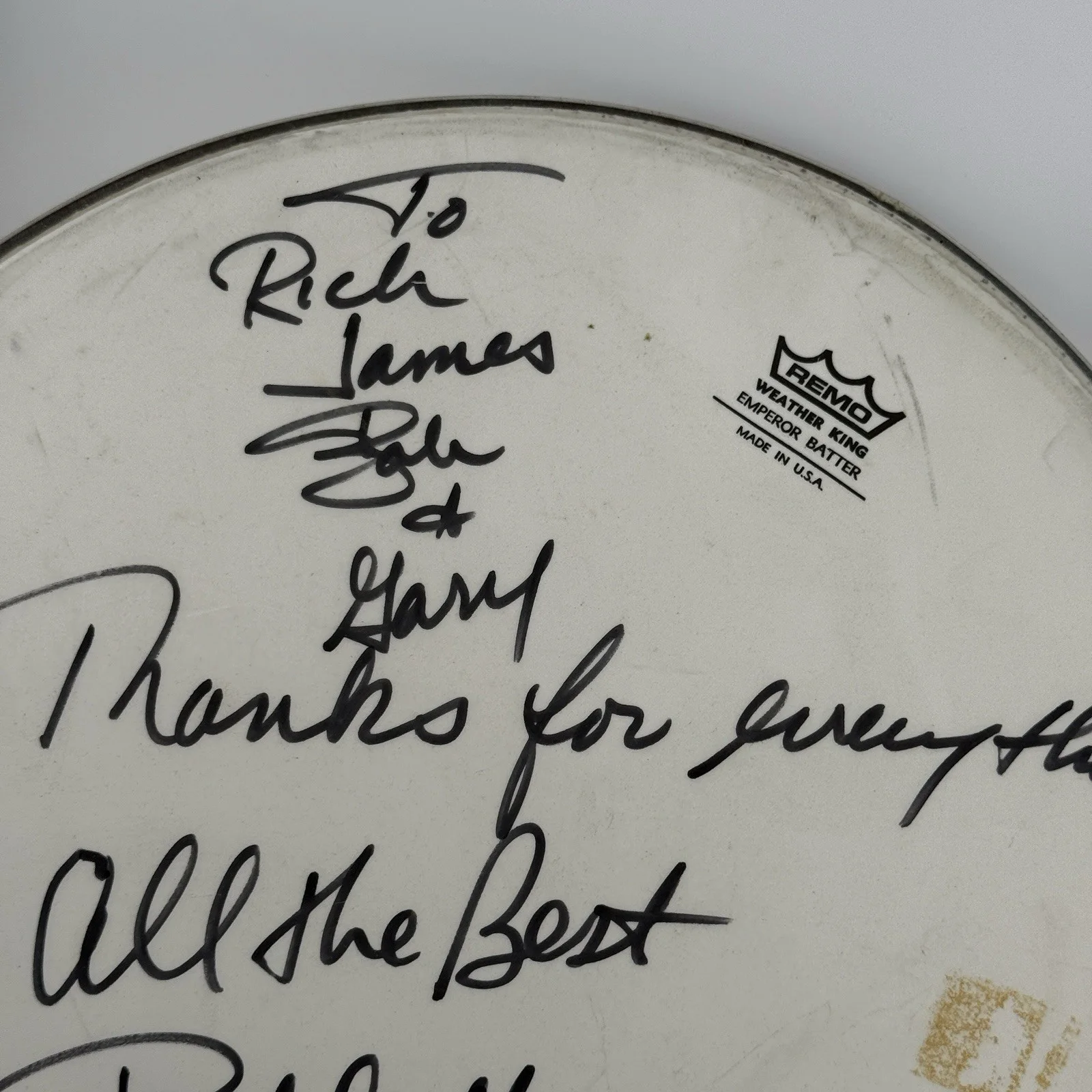 Bobby Rondinelli Signed Drumhead – Remo Emperor – Sam Ash Presentation Autograph, image 3