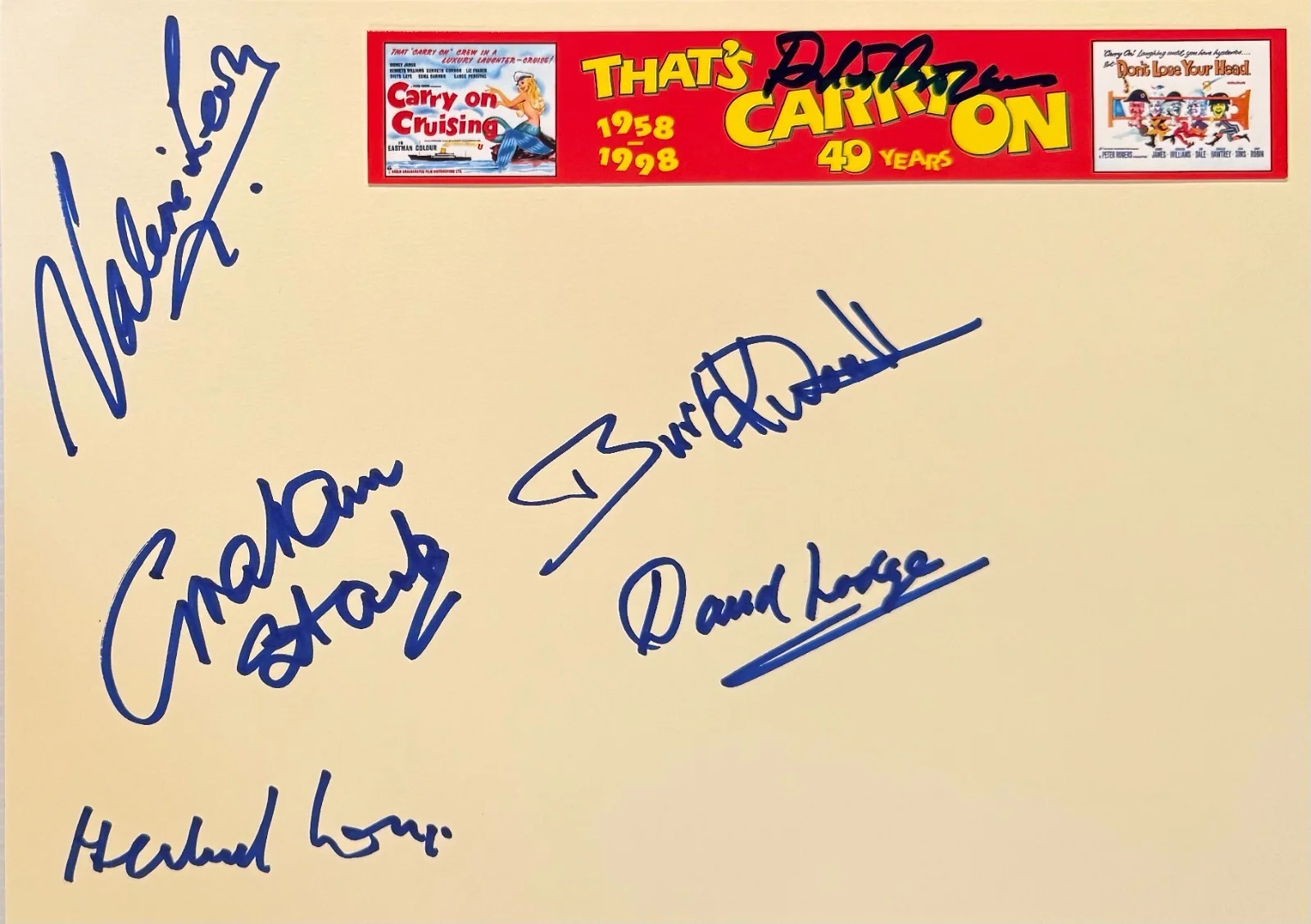 Valerie Lon, Graham Stark, Herbert Lom, Burt Kwouk, David Lodge — PINK PANTHER CARRY ON Signed Autographed 8"x 10" SHEET PAGE (6) Valerie Leon