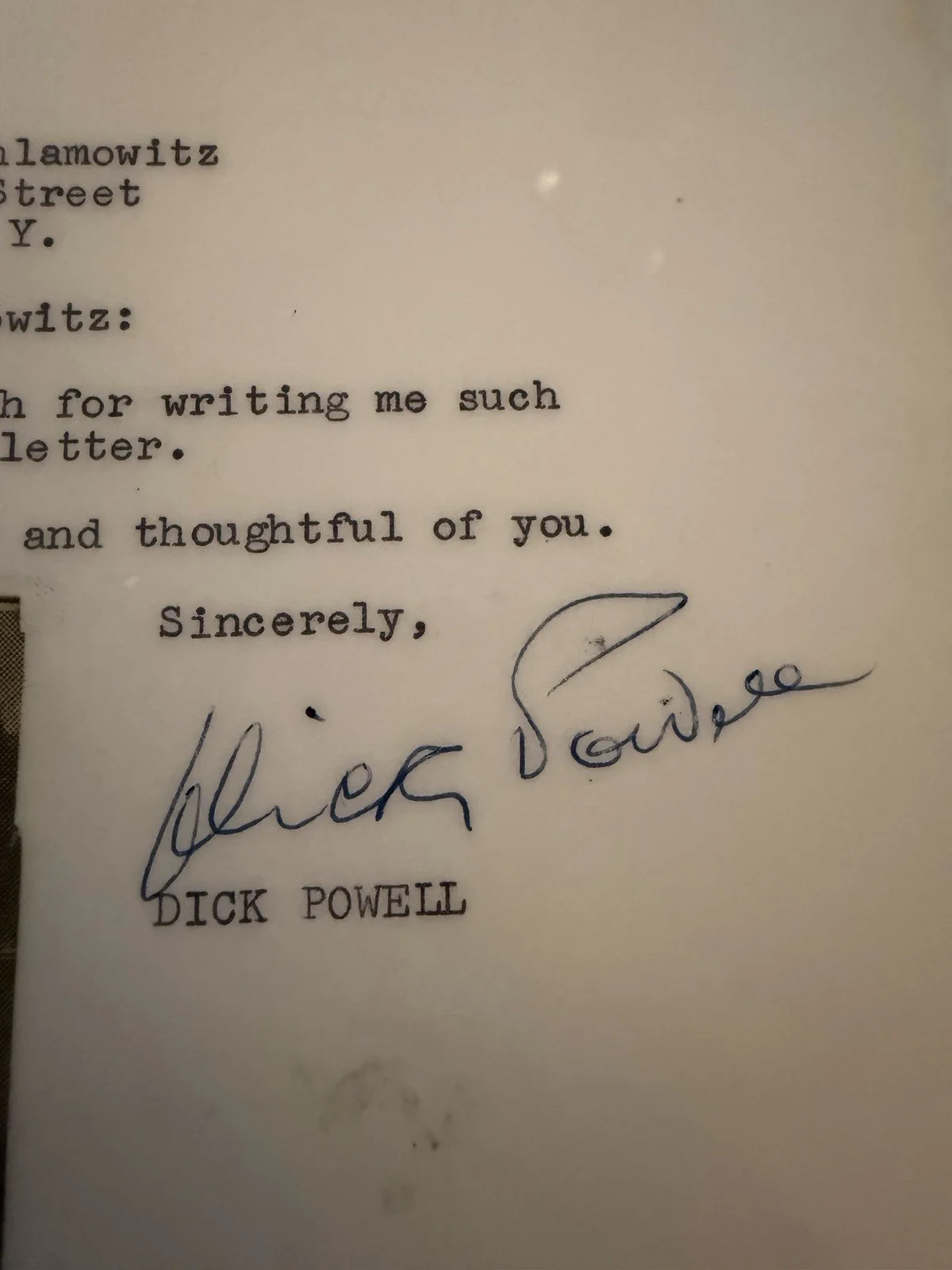 Dick Powell — RARE!! Dick Powell Signed Hand Typed Laminated Letter w Newspaper Insert READ!!, image 2