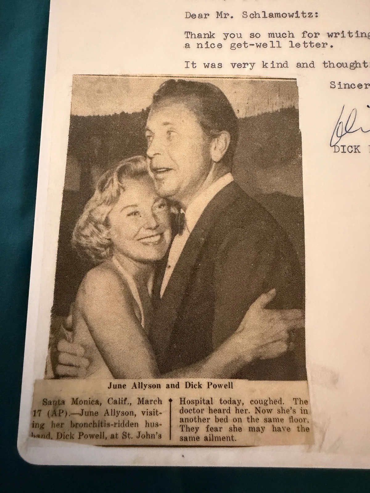 Dick Powell — RARE!! Dick Powell Signed Hand Typed Laminated Letter w Newspaper Insert READ!!, image 3