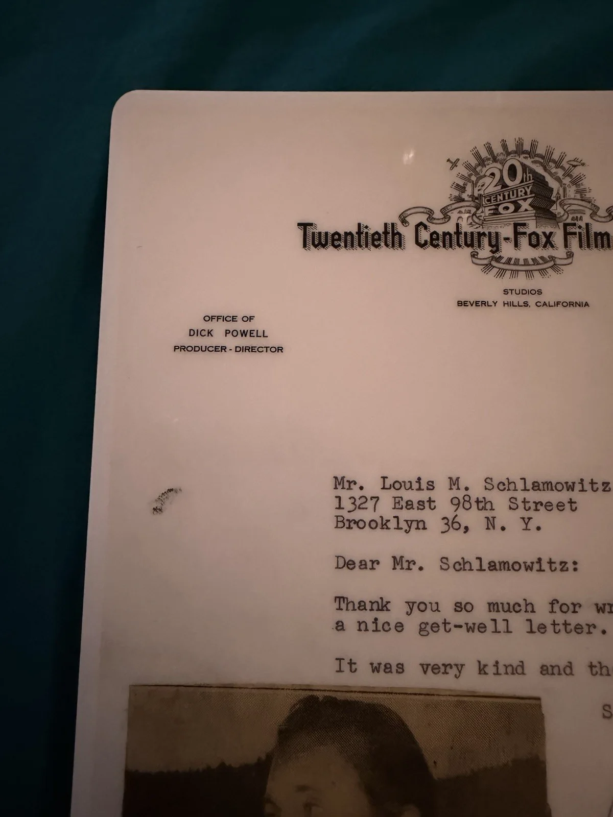Dick Powell — RARE!! Dick Powell Signed Hand Typed Laminated Letter w Newspaper Insert READ!!, image 4