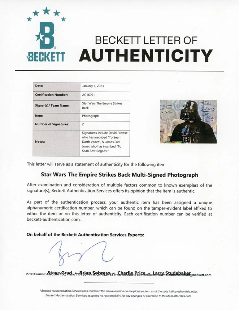 Prowse, Jones — Darth Vader Star Wars Prowse Jones 8X10 Foto Firmada Autografiada Certificado de Autenticidad Bas Beckett, изображение 2