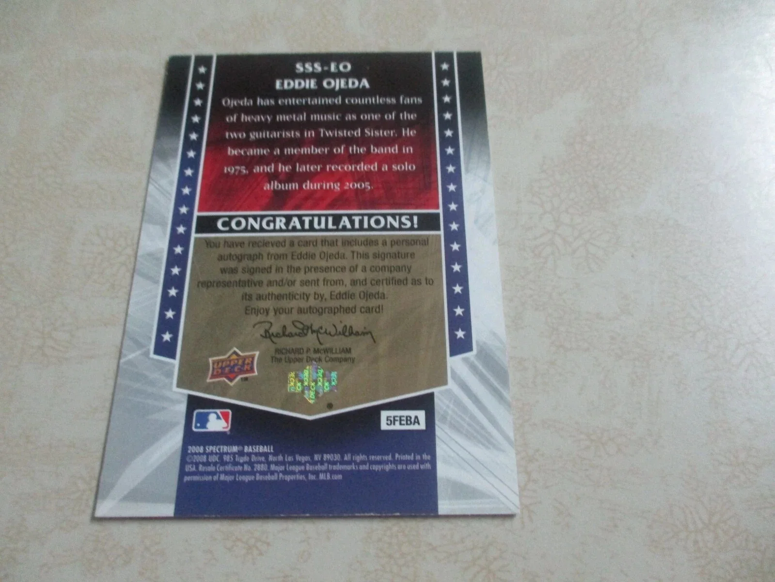 EDDIE O'JEDA TWISTED SISTER SIGNED/AUTOGRAPHED UPPER DECK SPECTRUM OF STARS CARD, image 3