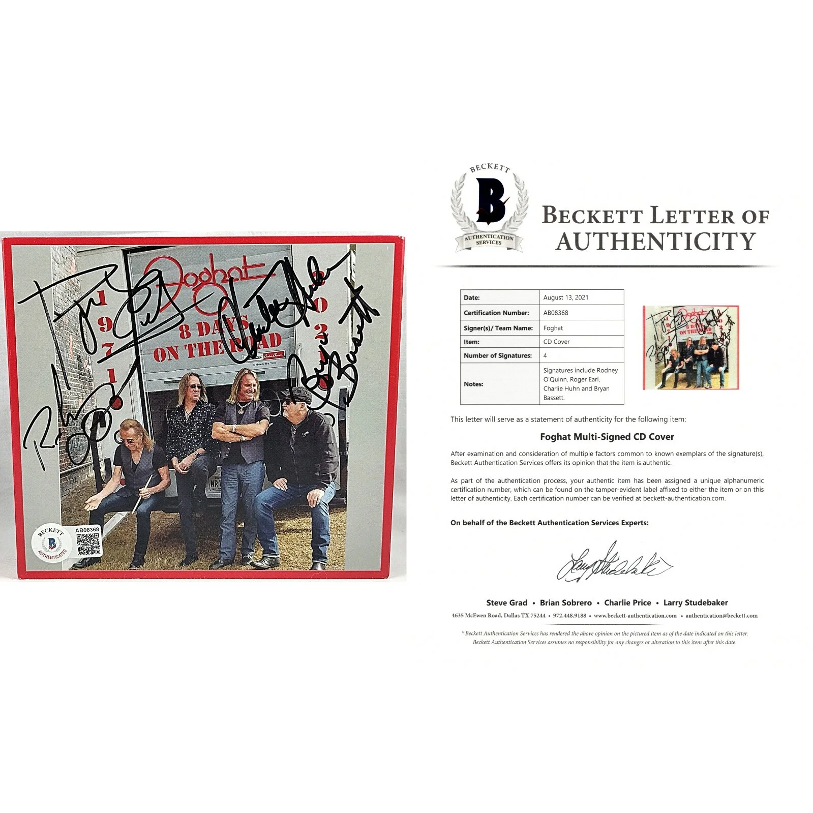 Rodney O'Quinn, Roger Earl, Charlie Huhn, Bryan Bassett — Foghat Signed 8 Days On The Road CD Cover Booklet Beckett BAS COA Slow Ride