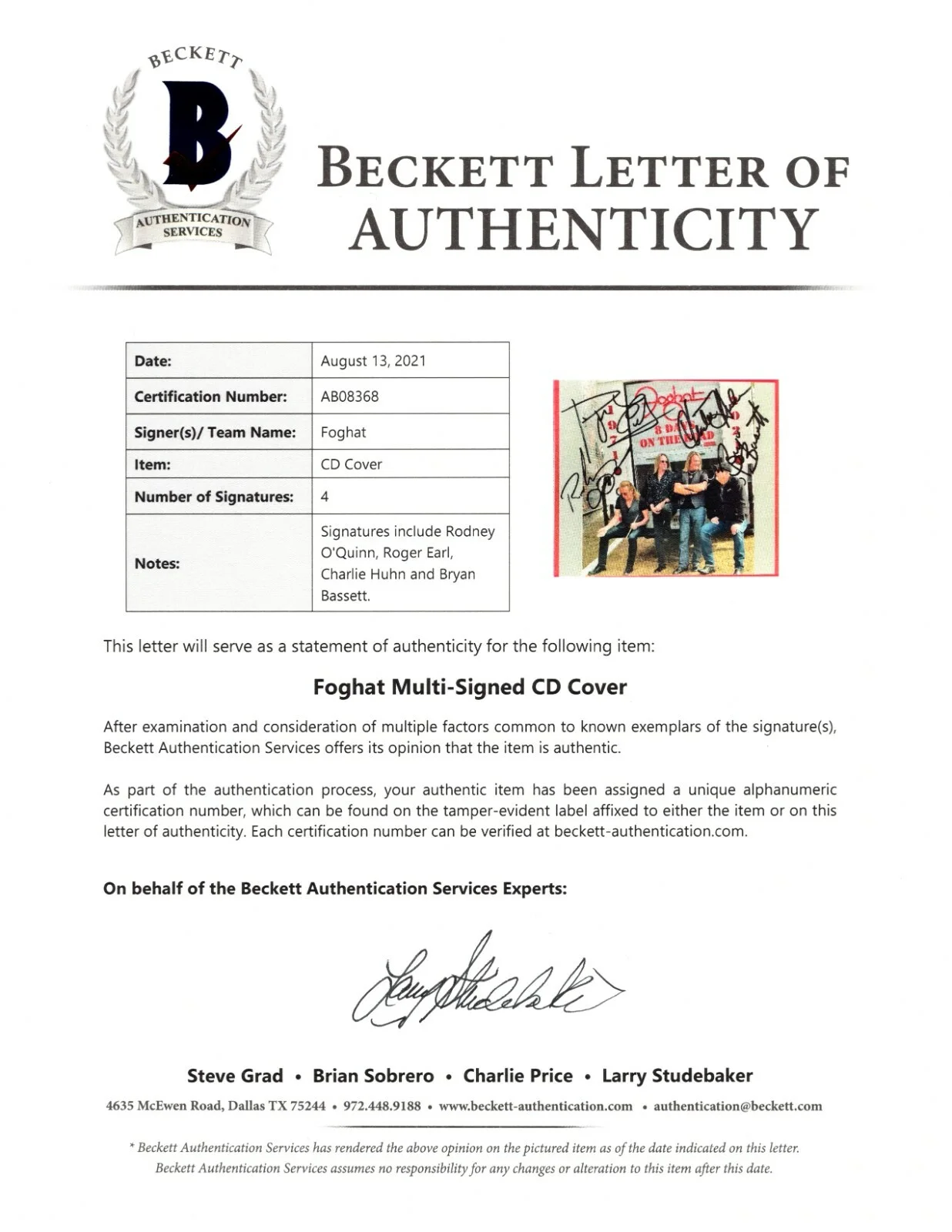 Rodney O'Quinn, Roger Earl, Charlie Huhn, Bryan Bassett — Foghat Signed 8 Days On The Road CD Cover Booklet Beckett BAS COA Slow Ride, изображение 3