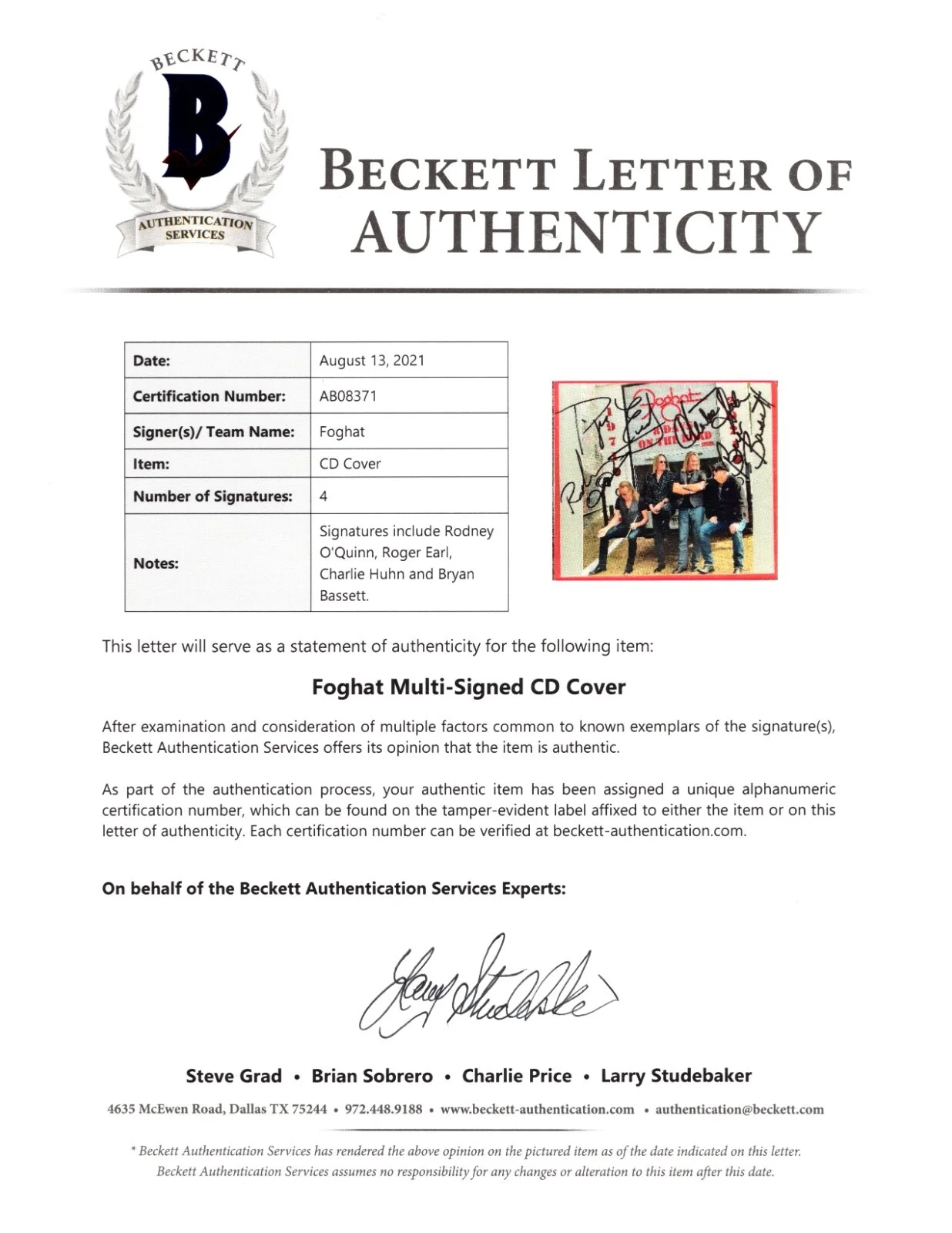 Rodney O’Quinn, Roger Earl, Charlie Huhn, Bryan Bassett — Foghat Signed 8 Days on the Road CD Framed Beckett BAS LOA Slow Ride Album, image 3