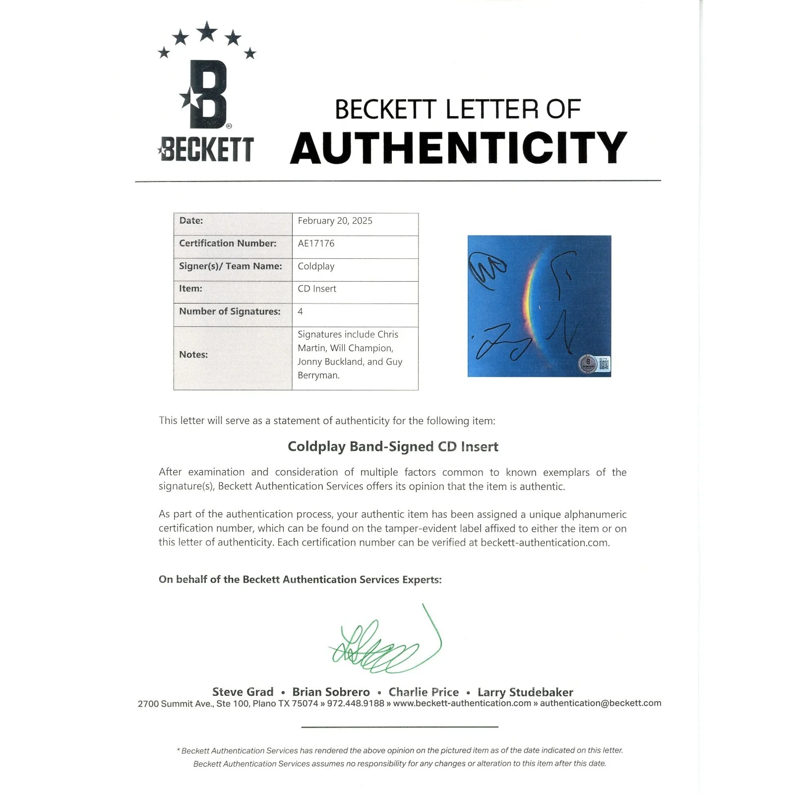 Chris Martin, Will Champion, Jonny Buckland, Guy Berryman — Coldplay Signed Moon Music CD Cover Framed Beckett BAS COA Chris Martin, image 5