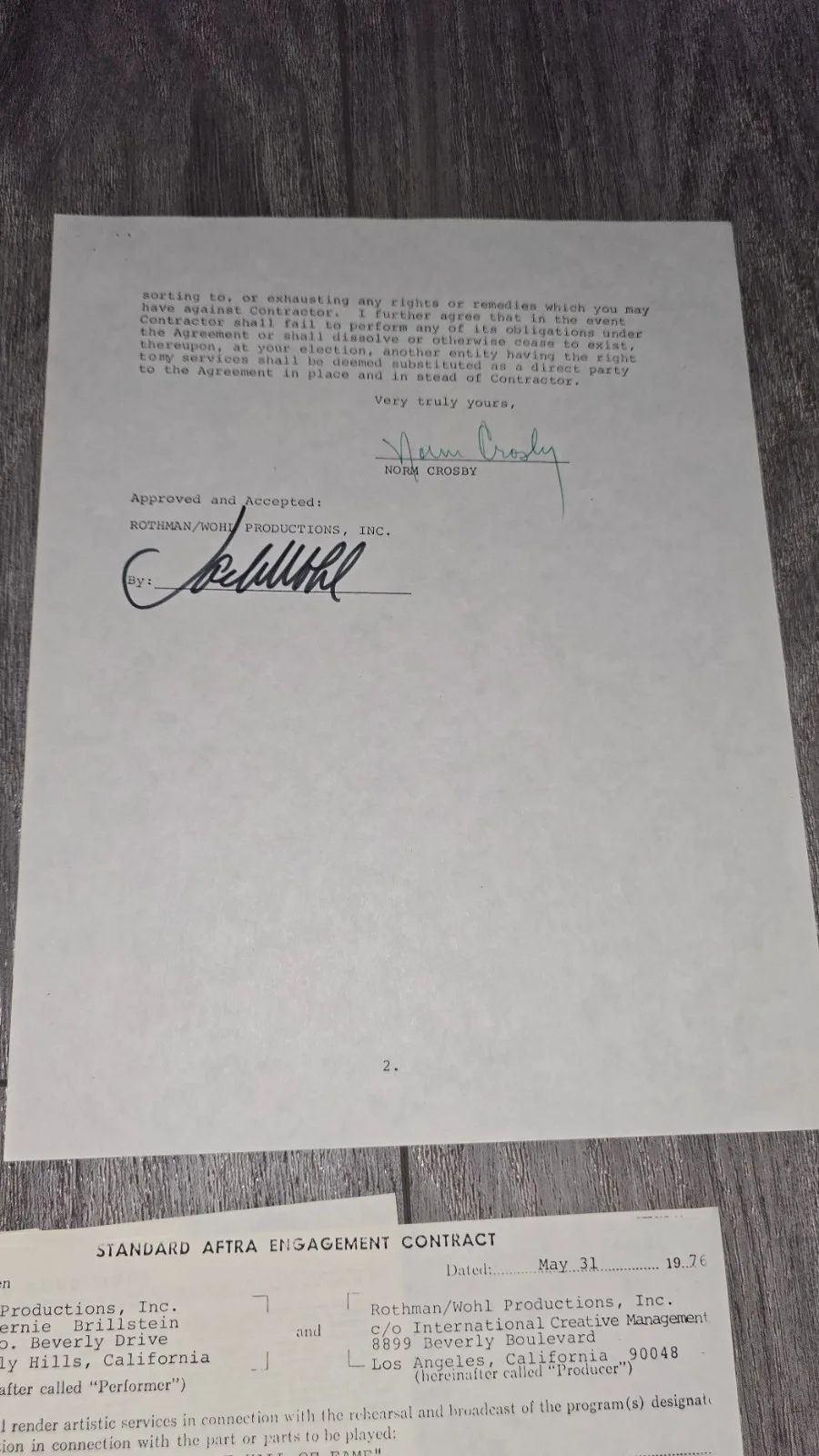 NORM CROSBY Signed 1976 AFTRA Contract Entertainment Hall of Fame Hollywood CA, изображение 3