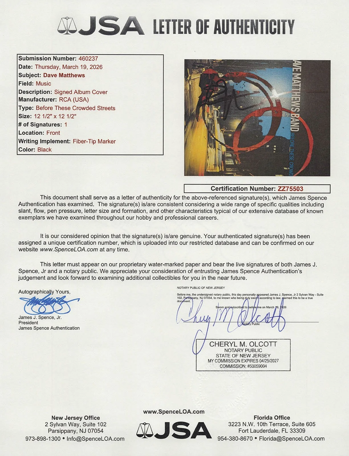 Dave Matthews — DAVE MATTHEWS signed DMB "BEFORE CROWDED STREETS" Vinyl Album EXT PROOF Band JSA, image 2
