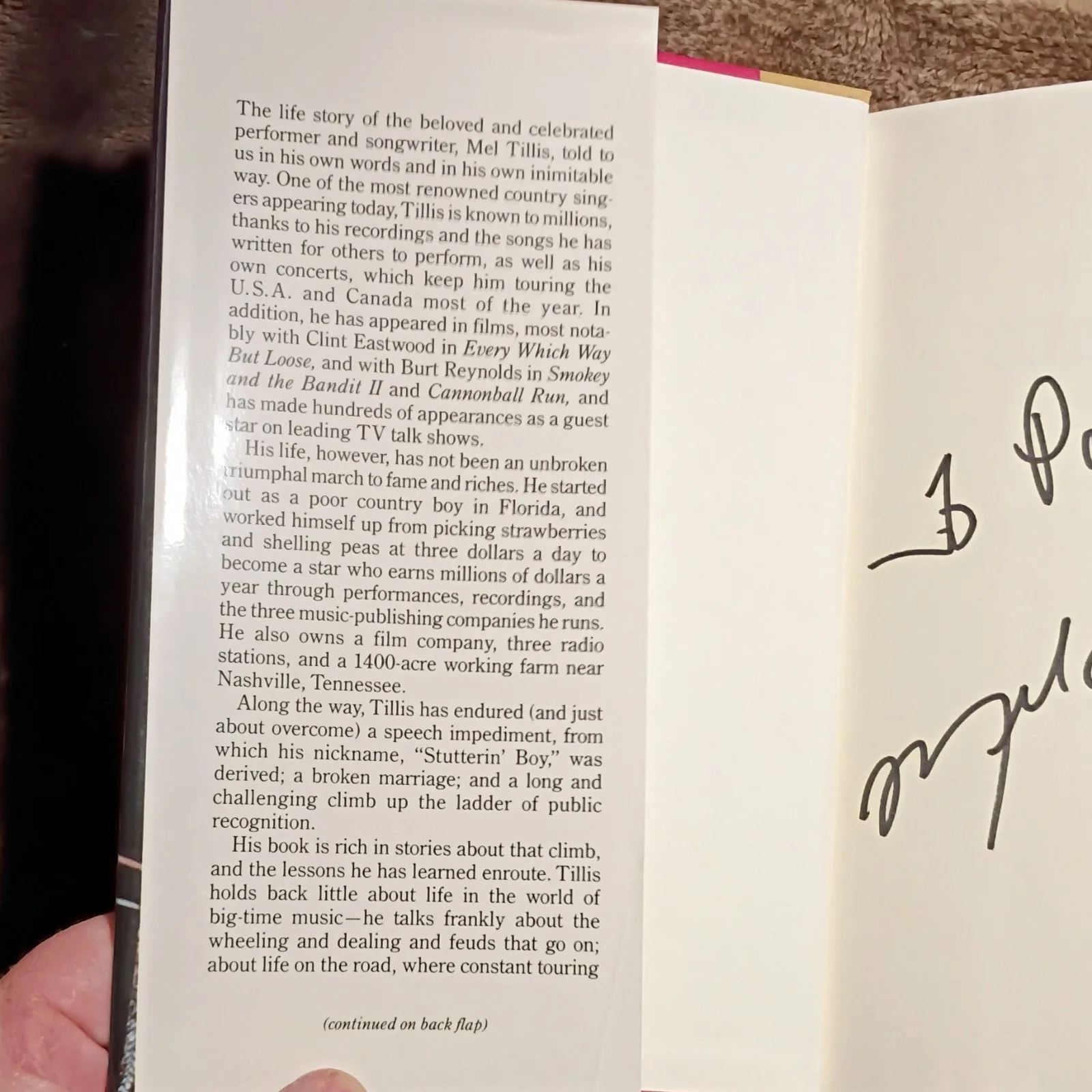 Mel Tillis Signed Stutterin' Boy Autobiography Book 1984 Rare, image 3