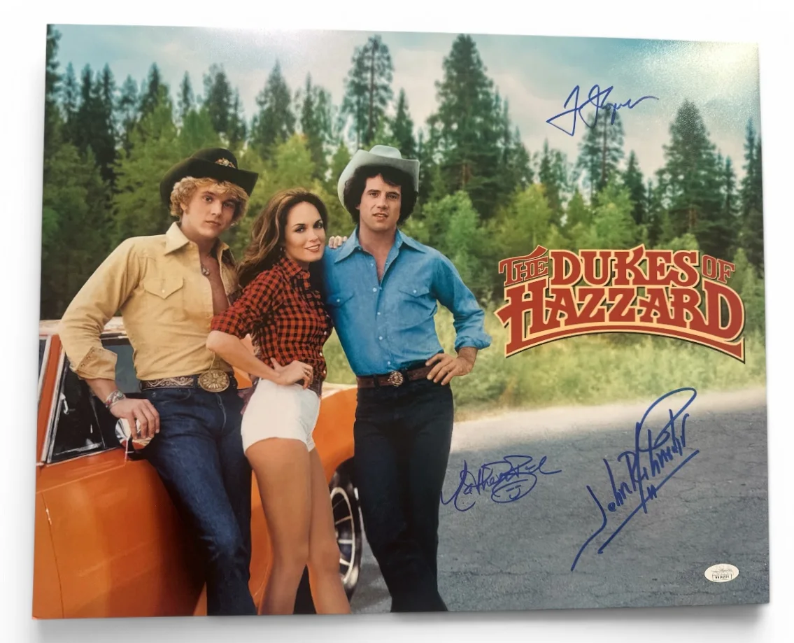 John Schneider Catherine Bach, Tom Wopat — Dukes of Hazzard Cast Signed 16x20 Photo Schneider Bach Wopat JSA