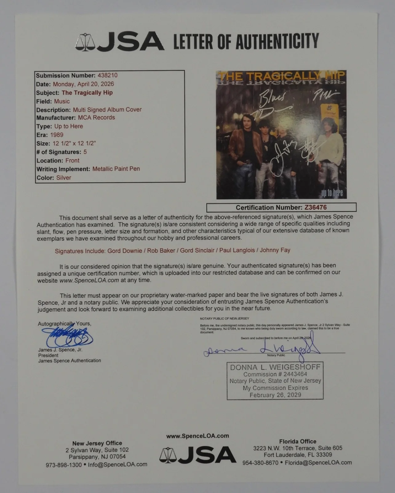 The Tragically Hip JSA Signed Autograph Gord Downie Fully Record Album, image 5