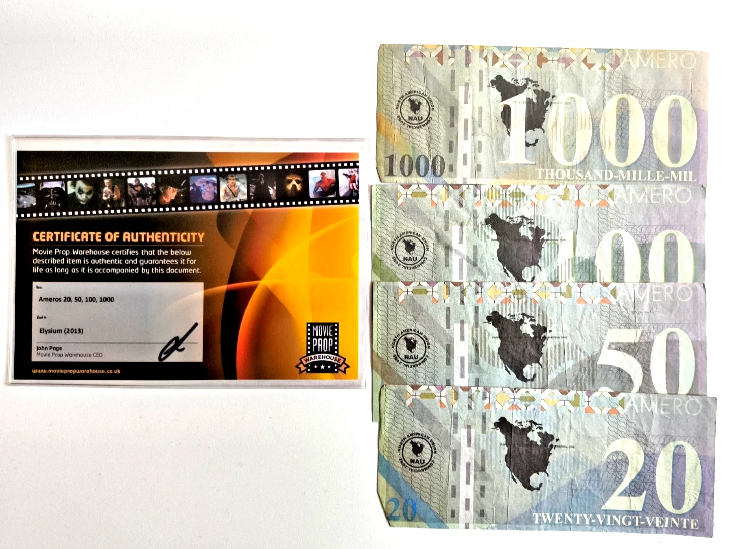 Elysium 2013 amero bills screen used with COA, 20 50 100 1000 originals, изображение 3