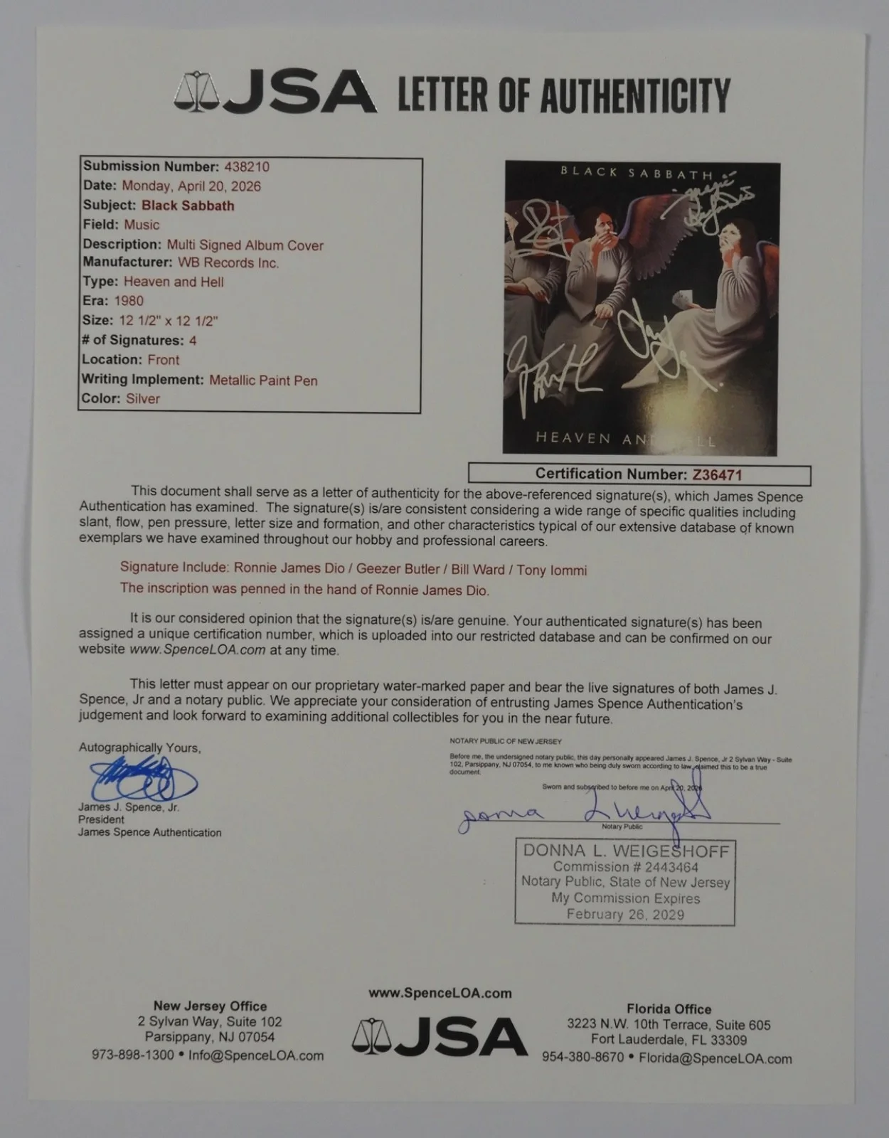 Black Sabbath DIO JSA Autograph Signed Album Vinyl Record Heaven & Hell +, image 4
