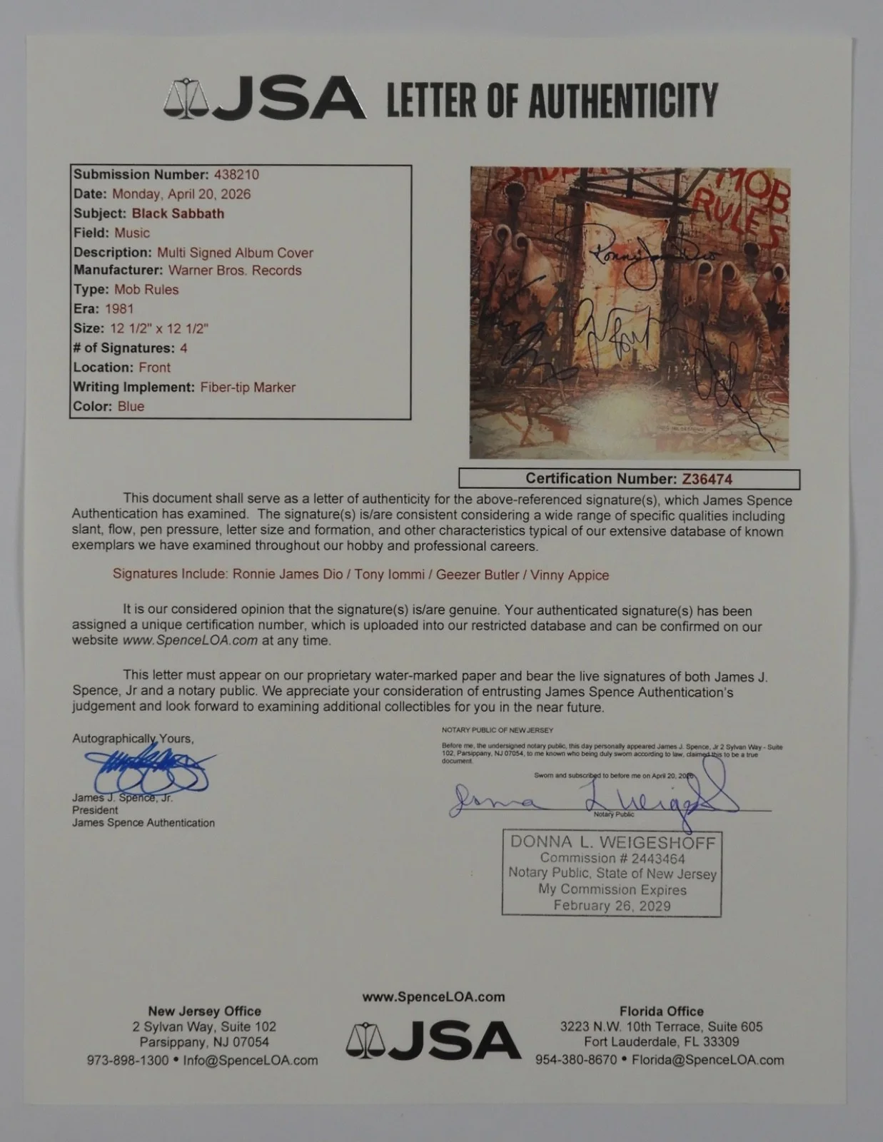 Black Sabbath DIO JSA Autograph Signed Album Vinyl Record Mob Rules +, image 4