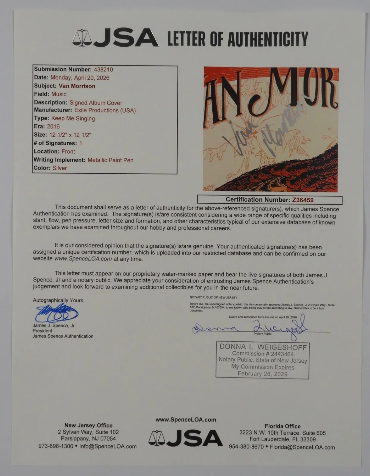 Van Morrison JSA Signed Autograph Record Album Vinyl Keep Me Singing, image 4