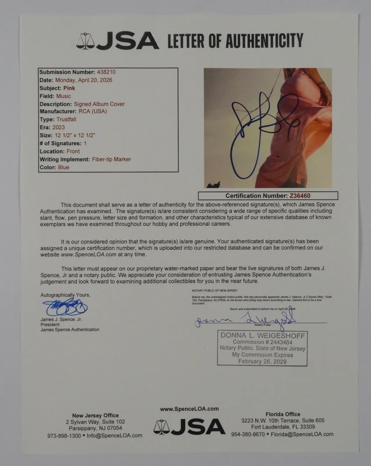 P!NK JSA Signed Autograph Record Album Vinyl Trustfall PINK, image 4