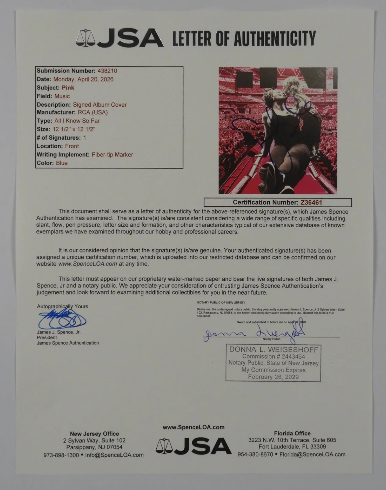P!NK JSA Signed Autograph Record Album Vinyl All I Know So Far PINK, image 4