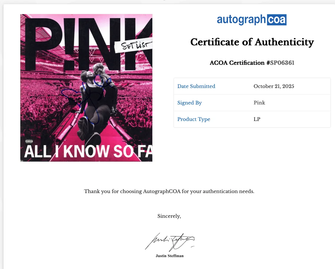 P!NK JSA Signed Autograph Record Album Vinyl All I Know So Far PINK, image 5